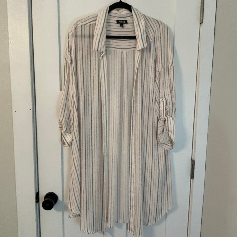 Torrid Women 4 Cream Striped Roll Tab Sleeve Longline Duster Open Cardigan Beach